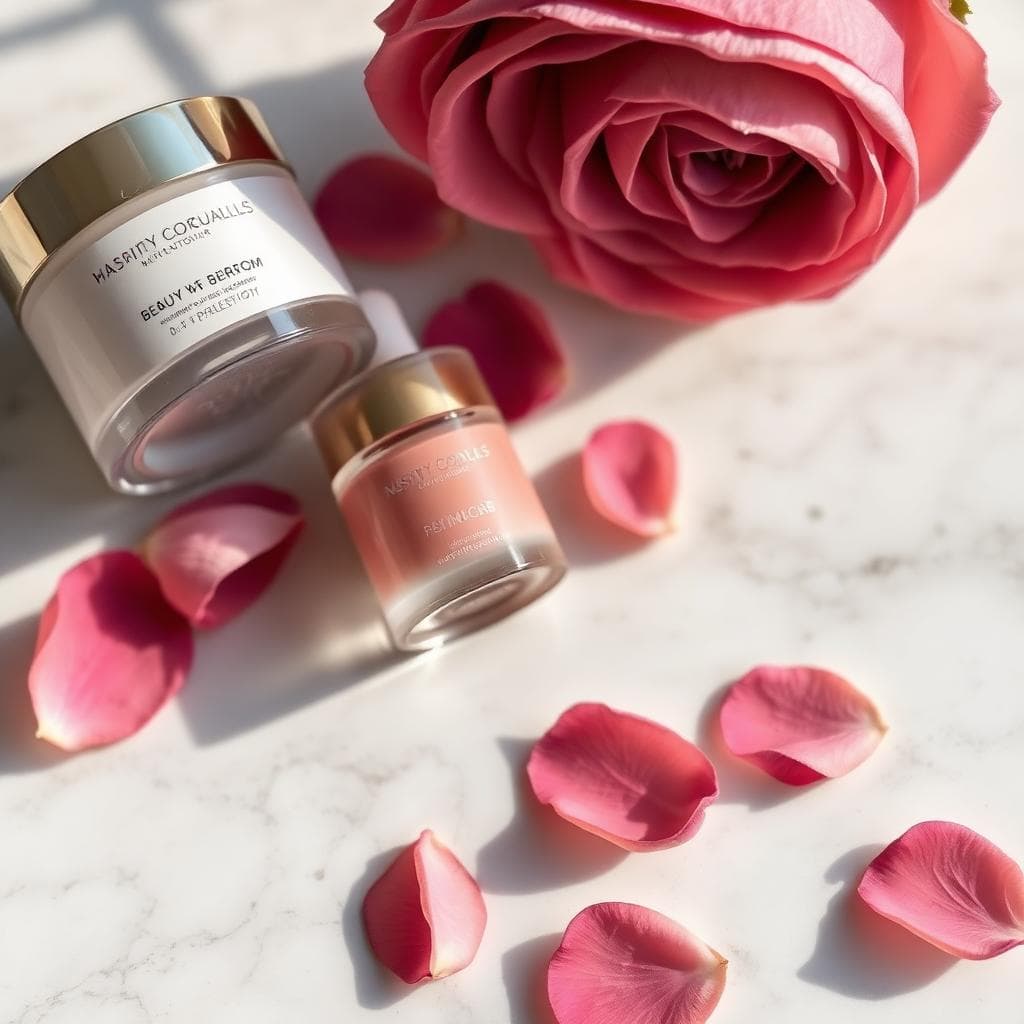 Detalle de productos de belleza sobre mármol