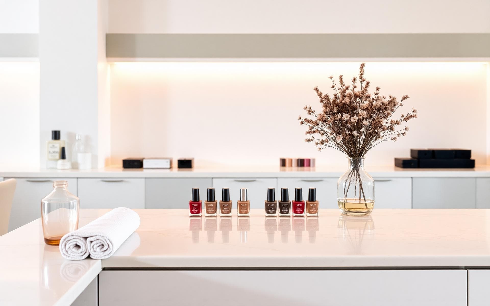 Interior luminoso de D'NAILS Beauty Bar con esmaltes sobre mármol